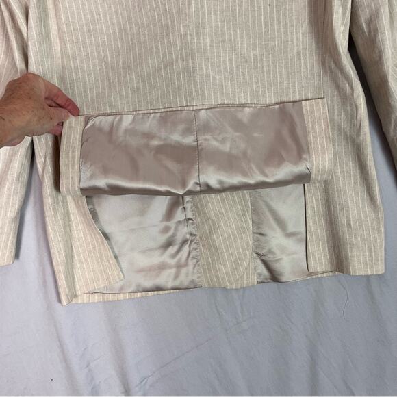 Linen Blend Blazer Mens 40R Pinstripe Beige White Woven in Italy Claiborne - Picture 5 of 13